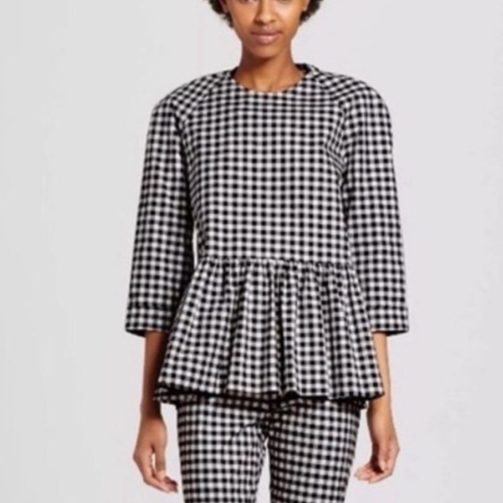 Victoria Beckham for Target Navy Blue and White Gingham Peplum Top. Size Small.